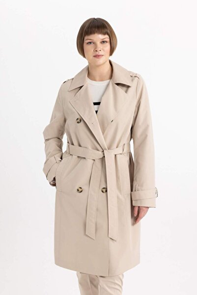 DeFacto Vodoodpudivý sezónní trenčkot Dvojřadý límeček Knoflík Kapsa Pásek Vizitky A0593AX24SP