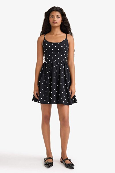 DeFacto Crew Neck Poplin Strap Mini Polka Dot Dress F9251Ax25Au