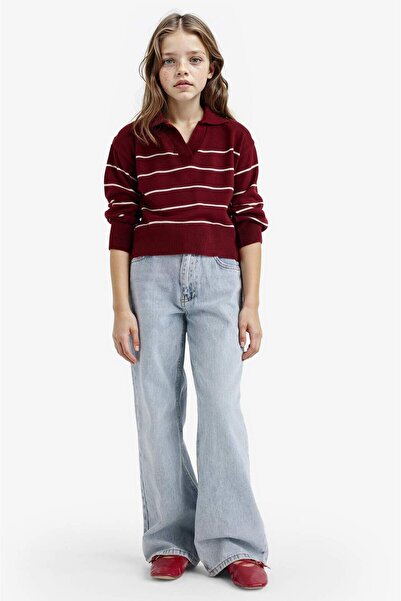 DeFacto Πλεκτό πουλόβερ για κορίτσια Standard Fit Polo Collar ριγέ E7737A825AU