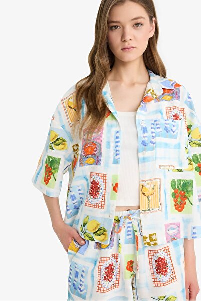 DeFacto Cool Oversize Φαρδιά Εφαρμογή Φρούτα Μοτίβο Κοντομάνικο Πουκάμισο F2761AX25SM