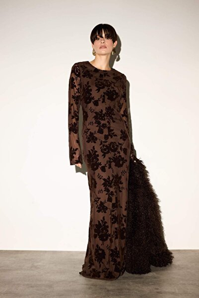 DeFacto Skinny Fit Floral Pattern Tulle Long Sleeve Maxi Dress G2940Ax25Au