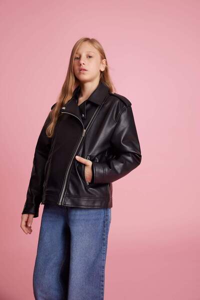 DeFacto Girls Water Repellent Jacket Collar Zipper Faux Leather Coat C4976A824Au