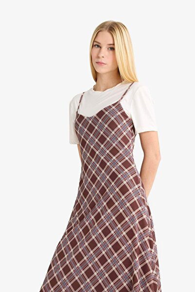 DeFacto Coool V-Neck Checked Tulle Strap Midi Dress F7971Ax25Au