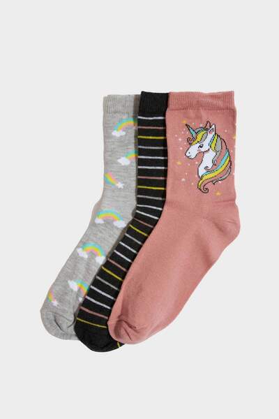DeFacto Σετ 3 Βαμβακερές μακριές κάλτσες για κορίτσια - D5725a8ns