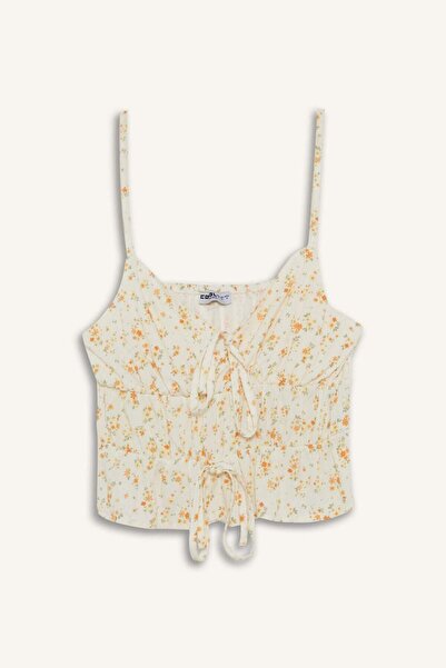 DeFacto Μπλούζα με λουλουδάτο λουλουδάτο σχέδιο με κορδόνια με υφή F5135AX25SM