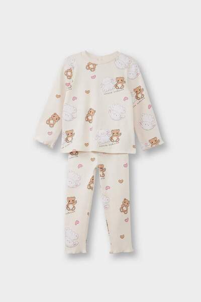 DeFacto Set pijamale fetiță Urs cu imprimeu mâneci lungi material reiat tricotaj cu striații Top lung F7537A525AU