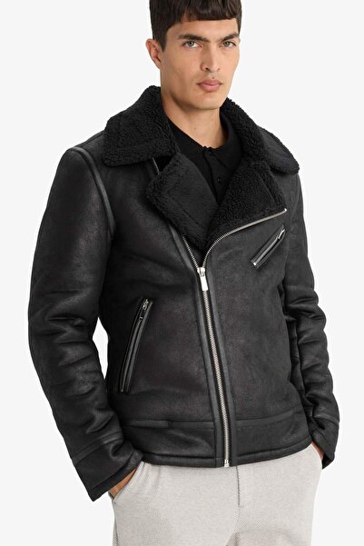 DeFacto Slim Fit Slim Fit kabát z umělé kůže na zip s podšívkou z umělé kožešiny C5636AX24WN