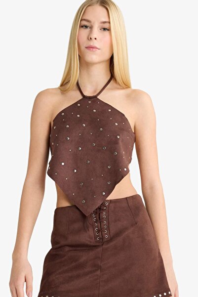 DeFacto Coool Fitted Halter Neck Suede Blouse G2892Ax25Au