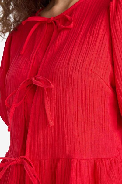 DeFacto Regular Fit Crew Neck Tie Front Textured Red Short Sleeve Blouse F6369Ax25Hs