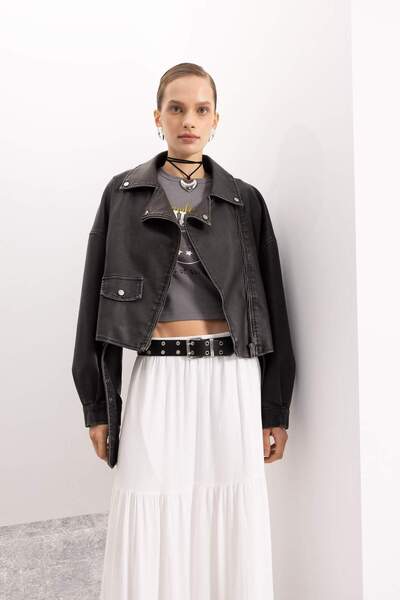 DeFacto Αδιάβροχο τζάκετ από συνθετικό δέρμα Παλτό με διπλό γιακά με φερμουάρ και τσέπη ζώνη αντίκα εποχιακή C1135AX24AU