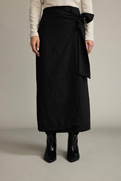 DeFacto Relax Fit Tie Black Maxi Linen Skirt F8208Ax25Sm