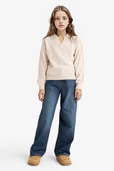 DeFacto Standard Fit Polo Neck Knitwear Beige Girls' Sweater E7738A8/Bg144