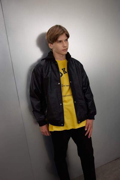 DeFacto Boys' Water Repellent Removable Hood College Collar Snap Closure Ribbed Sleeves Faux Fur Faux