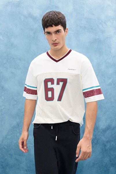 DeFacto Boxy Fit V Neck Printed Short Sleeve T-Shirt F8356Ax25Hs