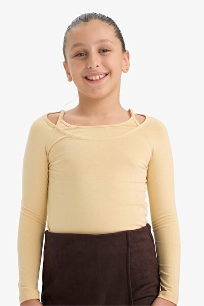 DeFacto Girls Slim Fit Slim Fit Lapel Printed Ribbed Camisole Long Sleeve T-Shirt D9237A825Sp