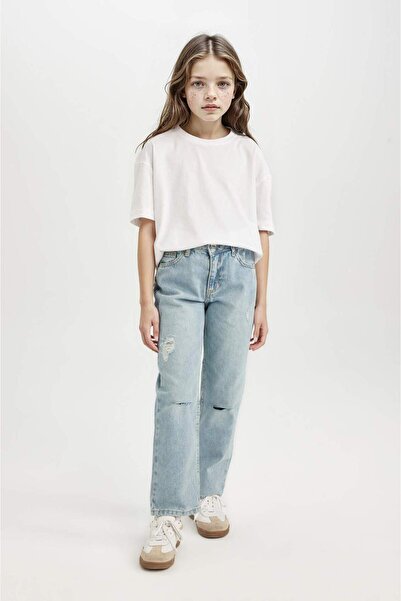 DeFacto Pantaloni de blugi pentru fete, cu picioare drepte, rupte, cu buzunare D3370A824WN