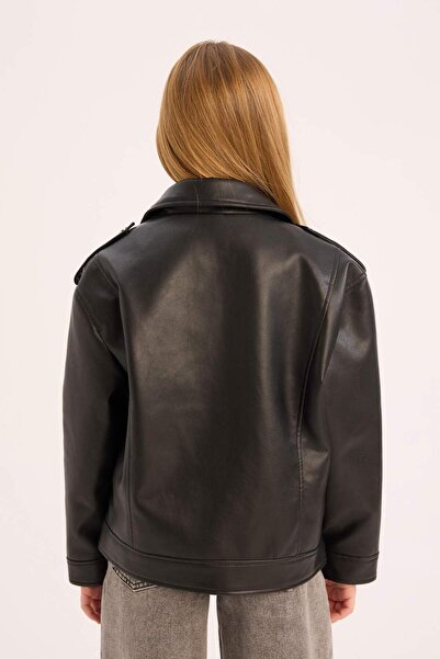 DeFacto Girls Water Repellent Jacket Collar Zipper Faux Leather Coat C4976A824Au