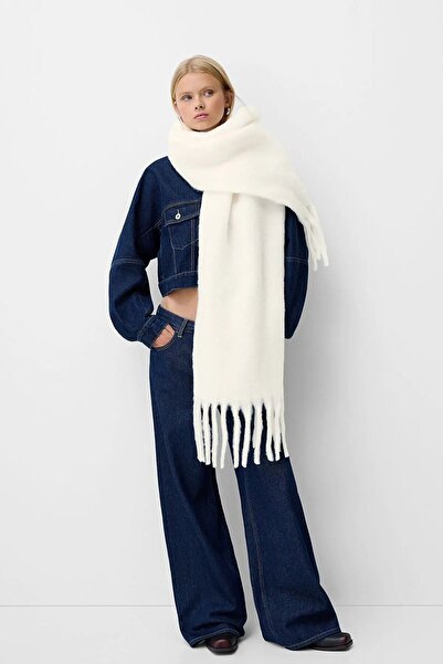 Behills Şal de umăr cu ciucuri moale şi groase - Ecru / supradimensionat Şal de iarnă (190x50 cm)