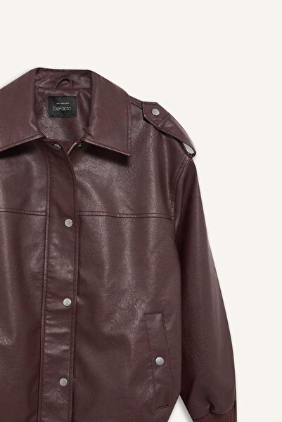 DeFacto Dad Fit Polo Collar Zippered Faux Leather Coat F4757Ax25Wn