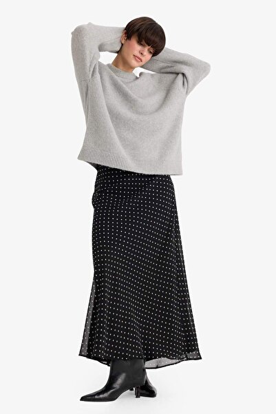 DeFacto Μαξι φούστα με κανονική επένδυση μέσης σιφόν πουά μολύβι F9420AX25SM