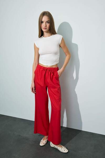 DeFacto Wide Leg Double Pocket Elastic Waist Standard Length Linen Blend Trousers E1981Ax25Sm