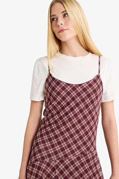 DeFacto Coool V-подібний комір, картата тюлева сукня на бретельках G2907AX25AU