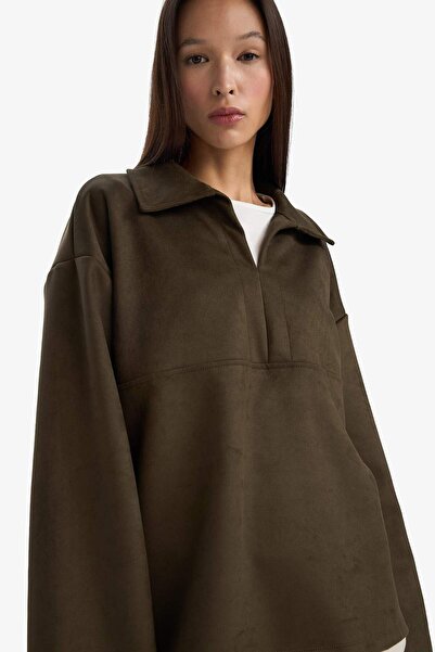 DeFacto Oversized Wide Fit Polo Neck Suede Long Sleeve T-Shirt G6218Ax25Wn