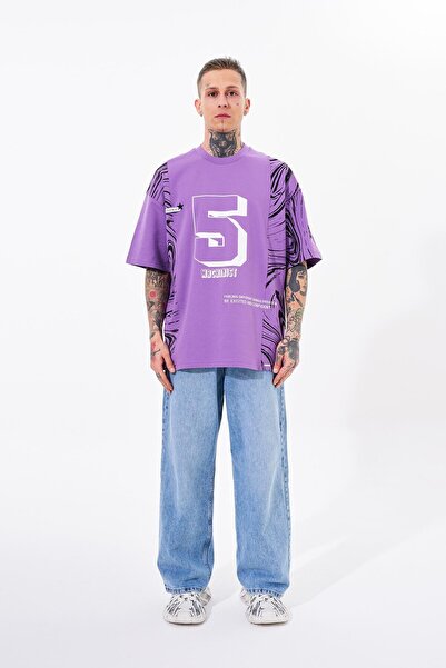Machinist Ανδρικό μπλουζάκι Νούμερο 5 με τύπωμα oversized Μωβ