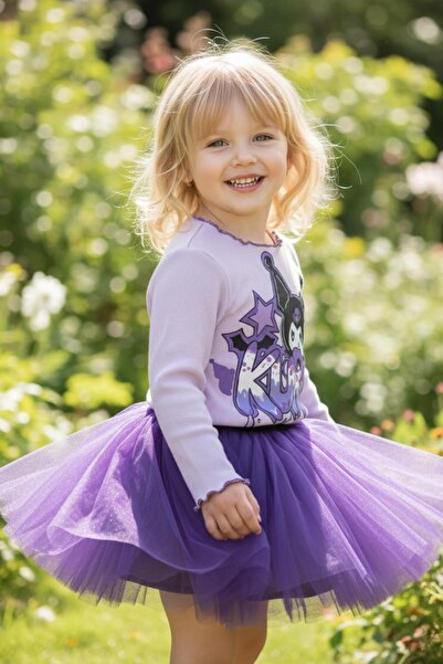 Milangel Kız Çocuk Mor Tütü Etekli Pamuk Penye Astarlı Baskılı Etekli Ikili T...