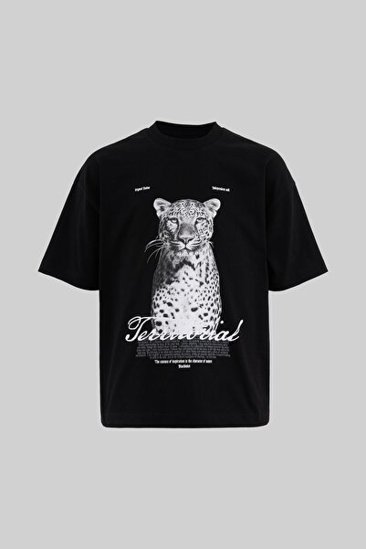 Machinist Ανδρικό μπλουζάκι με στάμπα λεοπάρδαλης oversized μαύρο