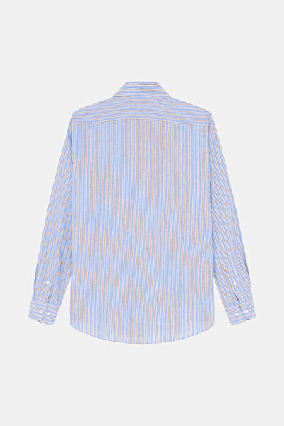 W Collection Blue Long Sleeve Striped Cotton/Len Shirt