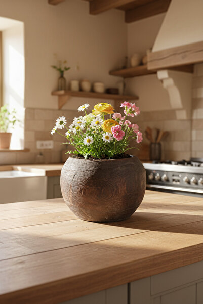 Bambum Chalia Mini Saksı Otantik Eskitme Efektli Doğal Oyma Pavlonya Ağaç Saksı Bahex B1635