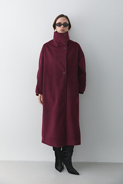 Laluvia Burgundy Vittoria Buttoned Collar Coat - 2511