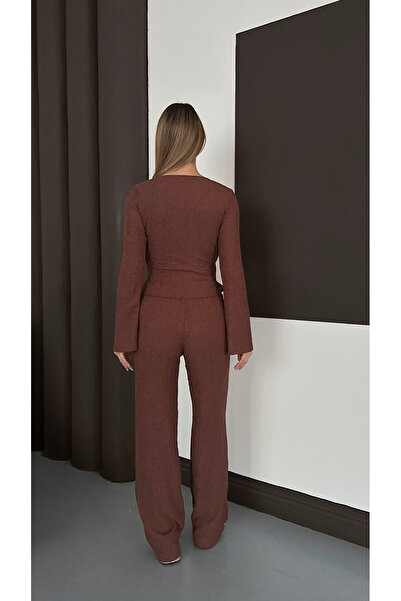 mielva Γυναικείο Σετ Παντελόνι με Καφέ Πόρπη διπλό πέτο Παντελόνια με Φαρδύ Πόδι