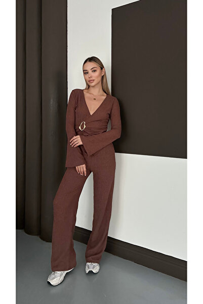 mielva Γυναικείο Σετ Παντελόνι με Καφέ Πόρπη διπλό πέτο Παντελόνια με Φαρδύ Πόδι