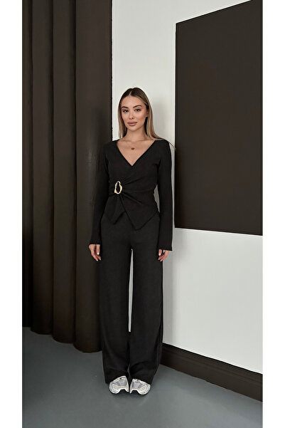 mielva Kadın Antrasit Tokalı Kruvaze Üst ve Geniş Paça Pantolon Takım