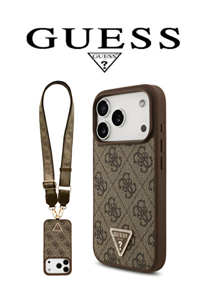 Guess كفر جوال ايفون 17برو من الجلد بنقش فاخر مع تعليقة كفر ايفون 17برو يدعم الشحن اللاسلكي. جراب جوال بنى