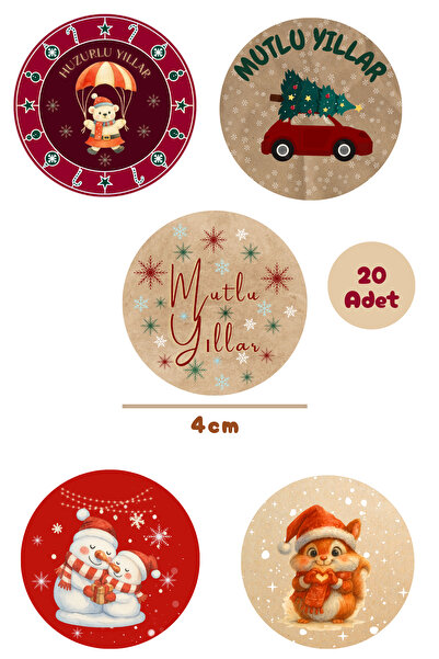 Dekals Yılbaşı Etiketi Yapışkanlı Sticker Hediye Poşeti Etiket Küçük Boy-4 cm 20Adet