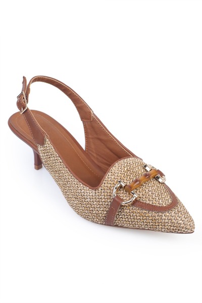 Capone Outfitters Angy Straw Pointed Toe Mid-Heeled Wooden Buckle Women's Shoes