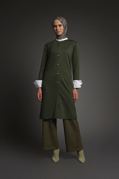 Armine Leaf Patterned Buttoned Knitwear Cardigan - Steel Knit