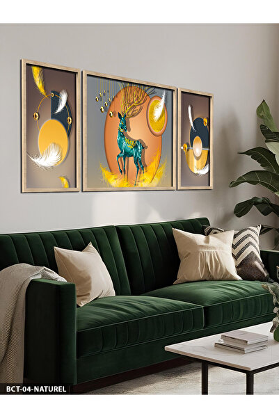 Evinemoda Geometrik Desen Mavi Geyik 3 Parça Ahşap Çerçeveli Tablo