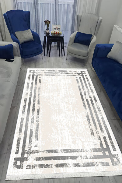 VOPTEKS Modern Dijital Baskı Yıkanabilir Kaymaz Taban Gri Halı Salon Halısı M...