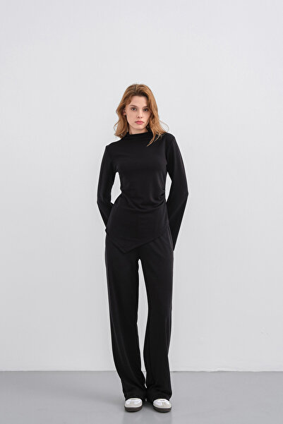 Basicpark Black Women's Soft Textured Premium Modal Turtleneck Asymmetrical Cut Bottom-Top Set