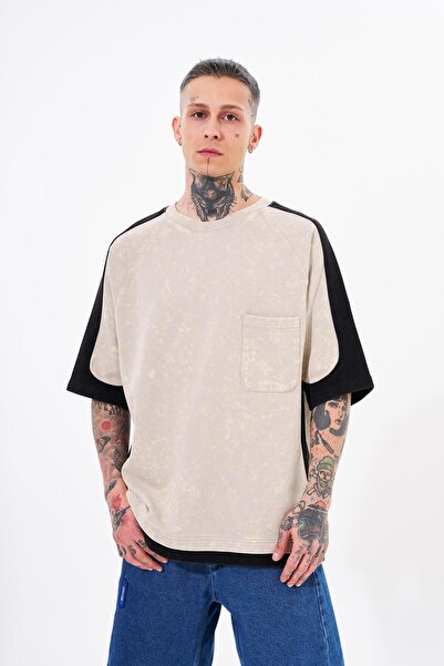 Machinist Ανδρικό μπλουζάκι Contrast Washed Oversize ανοιχτό μπεζ με κηλίδες