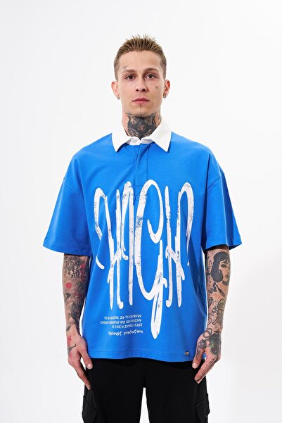 Machinist Чоловіча футболка з високим коміром та надруком Oversize, світло-блакитна