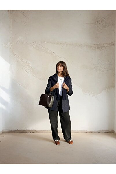 the blazer obsessed Women's Navy Blue Herringbone Wool Wide Collar Blazer Jacket