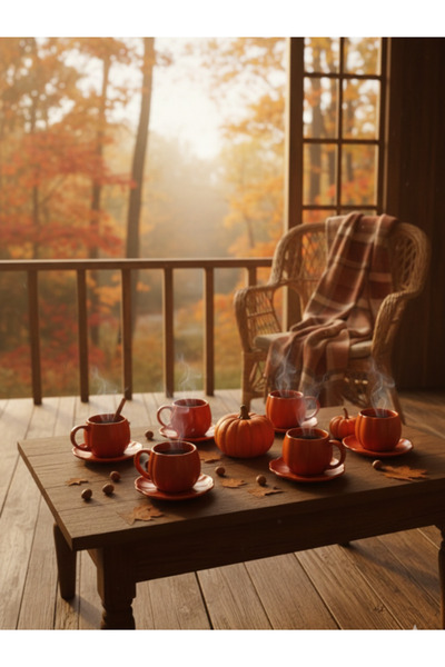 Viyalente Handmade 6-Person Ceramic Pumpkin Tea Coffee Cup Set with Saucers Orange Mug 250 ml