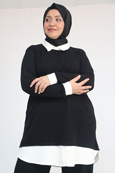 Eslina 58159 Plus Size Shirt Collar Look Paneled Mir Tunic - Black