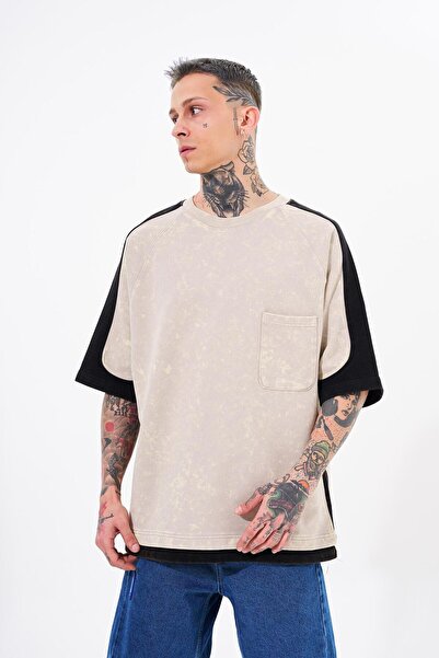 Machinist Ανδρικό μπλουζάκι Contrast Washed Oversize ανοιχτό μπεζ με κηλίδες