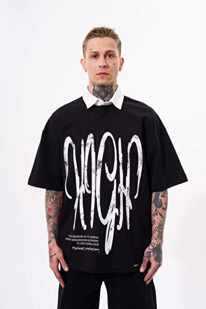 Machinist Men's High Printed Oversized Polo Neck T-Shirt Black